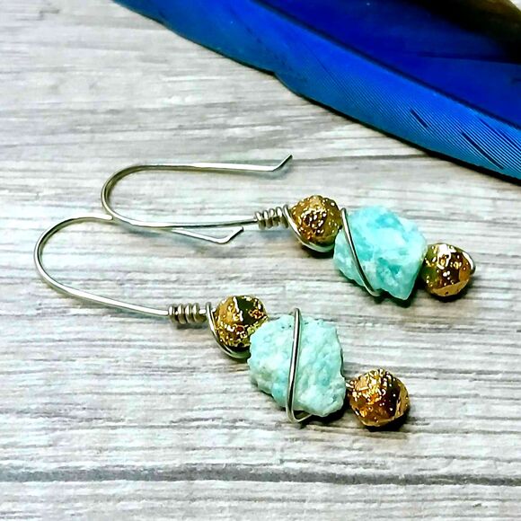 Raw Amazonite Gemstone Dangle Drop, Boho Bohemian Artisan Statement - Picture 4 of 5